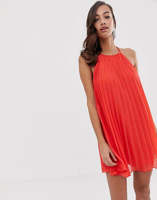 ASOS DESIGN pleated mini trapeze dress with lace up back detail