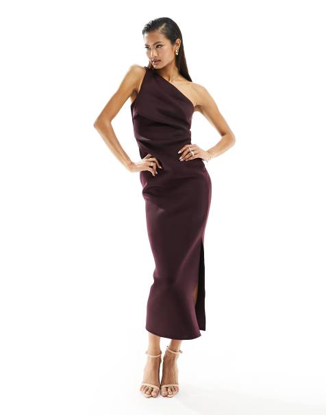 ASOS DESIGN pleated one shoulder  midi dress in aubergine in scuba-style fabric