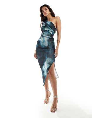 Asos Design Pleated One Shoulder Scuba Midi Dress In Smudge Blue Print-multi