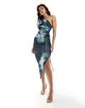 [ASOS DESIGN] ASOS DESIGN pleated one shoulder scuba midi dress in smudge blue print-Multi 14 Blue Smudge