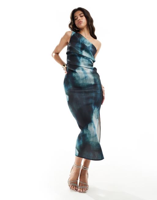 ASOS DESIGN pleated one shoulder scuba midi dress in smudge blue print ASOS