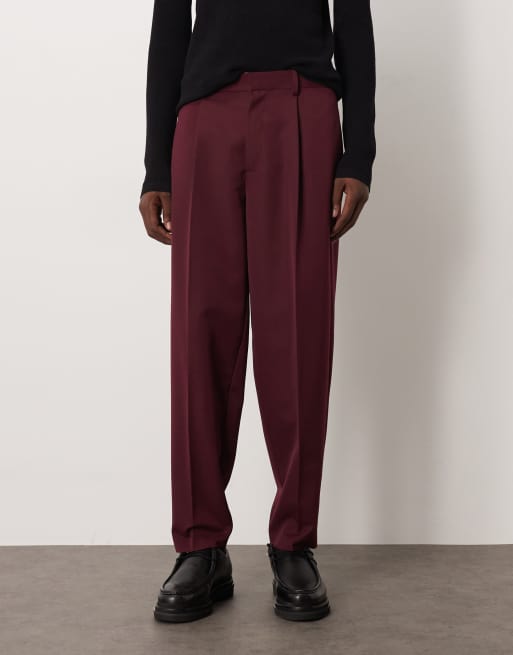 ASOS DESIGN pleated oversized tapered dress pants in burgundy