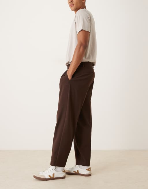 ASOS DESIGN pleated oversized tapered textured dress pants in brown