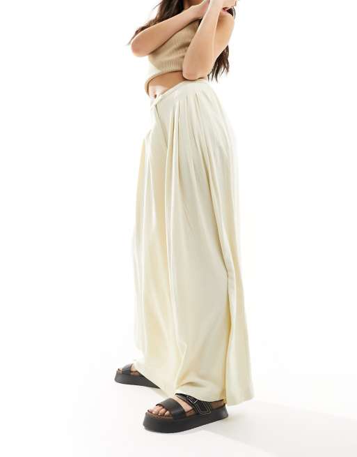 ASOS DESIGN pleated palazzo wide leg pants with linen in cream, 5 of 5