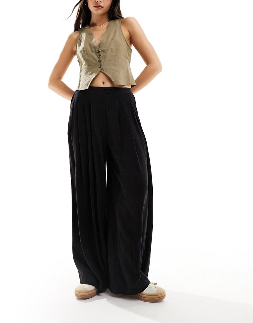 ASOS DESIGN pleated palazzo wide leg trouser with linen in black