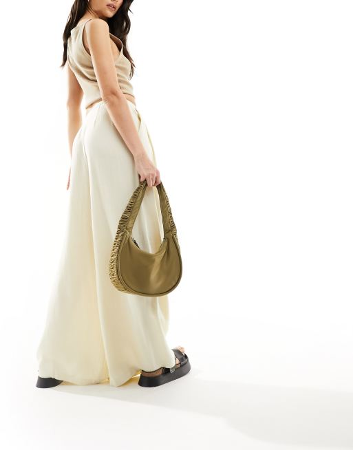 ASOS DESIGN pleated palazzo wide leg trouser with linen in cream, 3 of 5