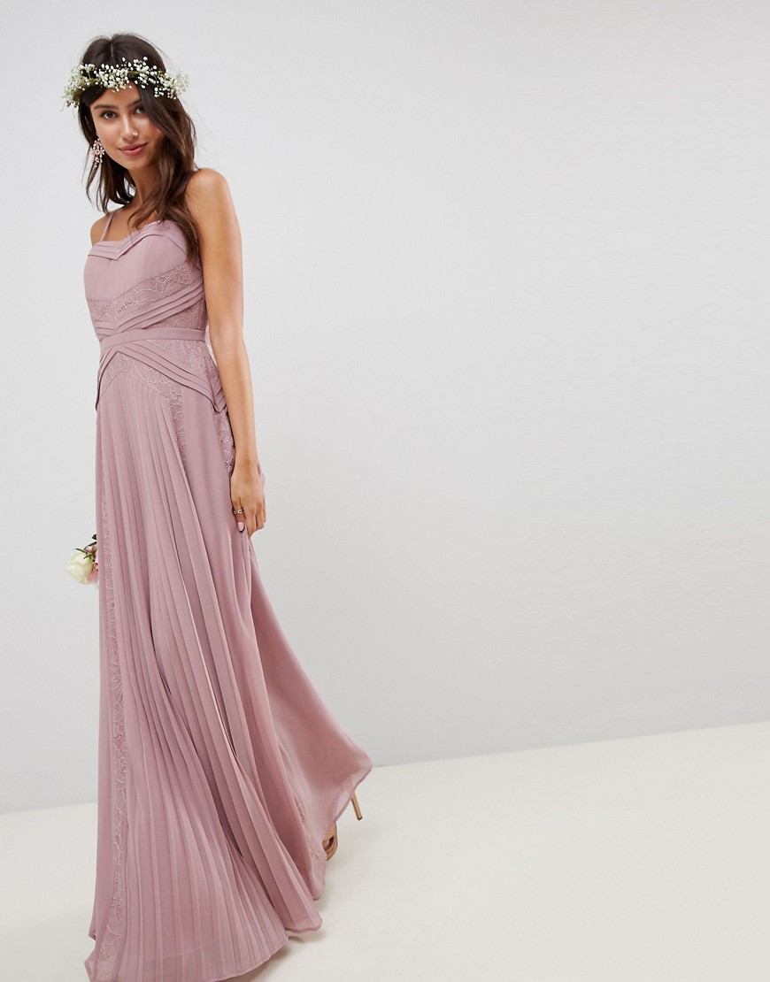 ASOS DESIGN Pleated Paneled Cami Maxi Dress With Lace Inserts-Pink
