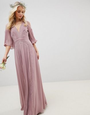asos design pleated panelled flutter sleeve maxi dress with lace inserts