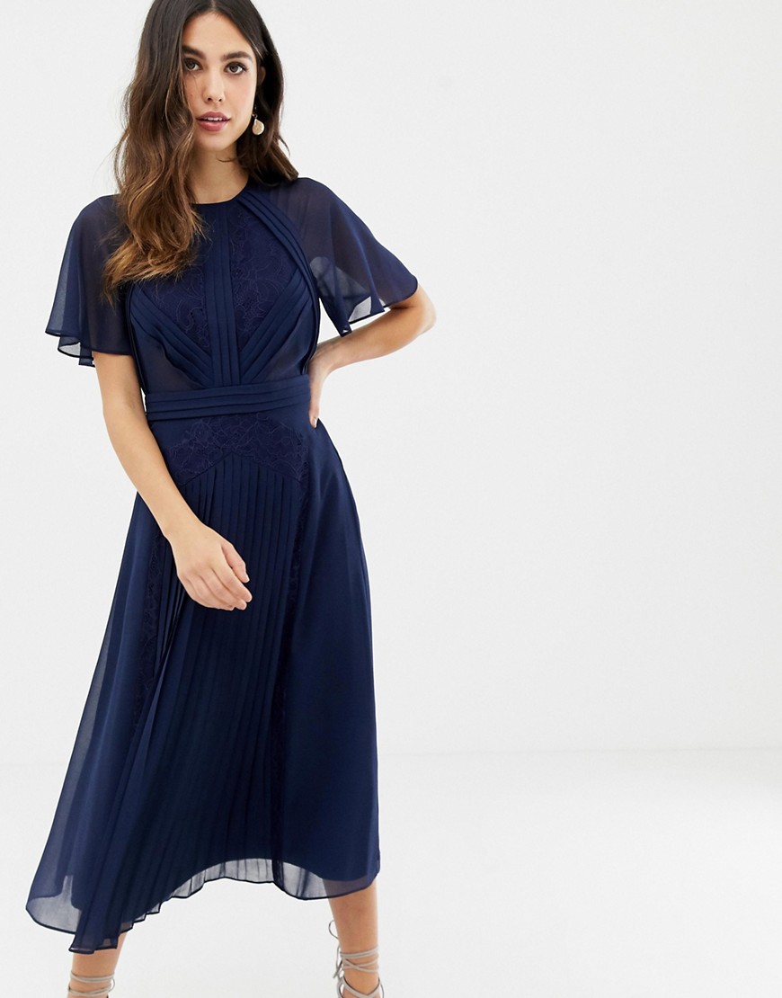 ASOS DESIGN pleated paneled flutter sleeve midi dress with lace inserts-Navy