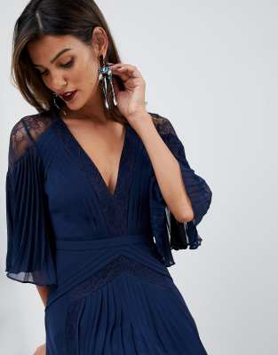asos design pleated panelled flutter sleeve maxi dress with lace inserts