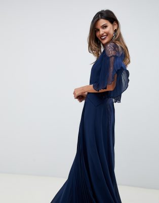 asos design pleated panelled flutter sleeve maxi dress with lace inserts