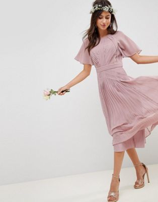 asos design pleated midi dress with lace inserts