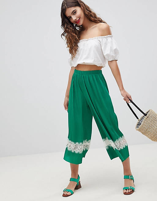 ASOS DESIGN Pleated Plisse Culotte Pants With Lace Insert