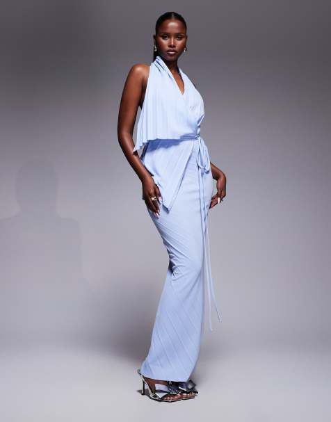 ASOS DESIGN pleated plunge maxi dress with asymmetric wrap detail in light blue - view 1