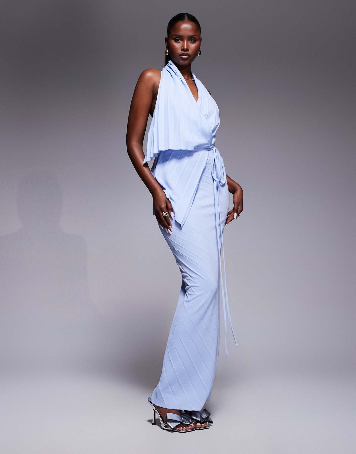 ASOS DESIGN pleated plunge maxi dress with asymmetric wrap detail in light blue