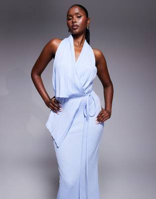 Asos Design Pleated Plunge Maxi Dress With Asymmetric Wrap Detail In Blue