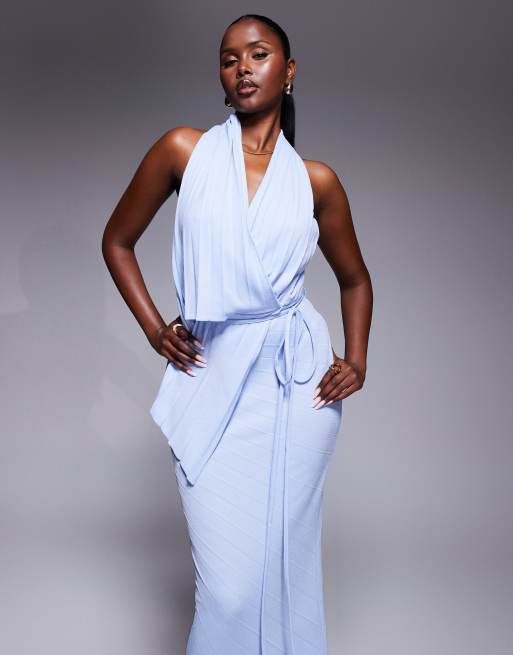ASOS DESIGN pleated plunge maxi dress with asymmetric wrap detail in light blue
