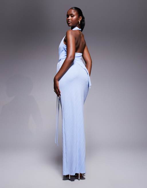 ASOS DESIGN pleated plunge maxi dress with asymmetric wrap detail in light blue