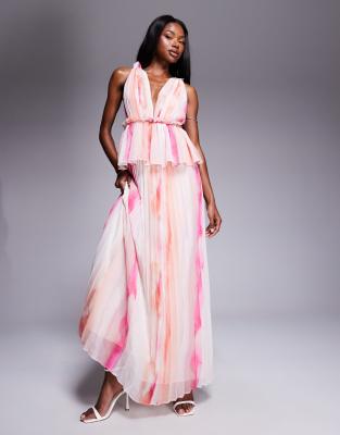 ASOS DESIGN pleated plunge midi dress with peplum in blurred stripe print - view 1