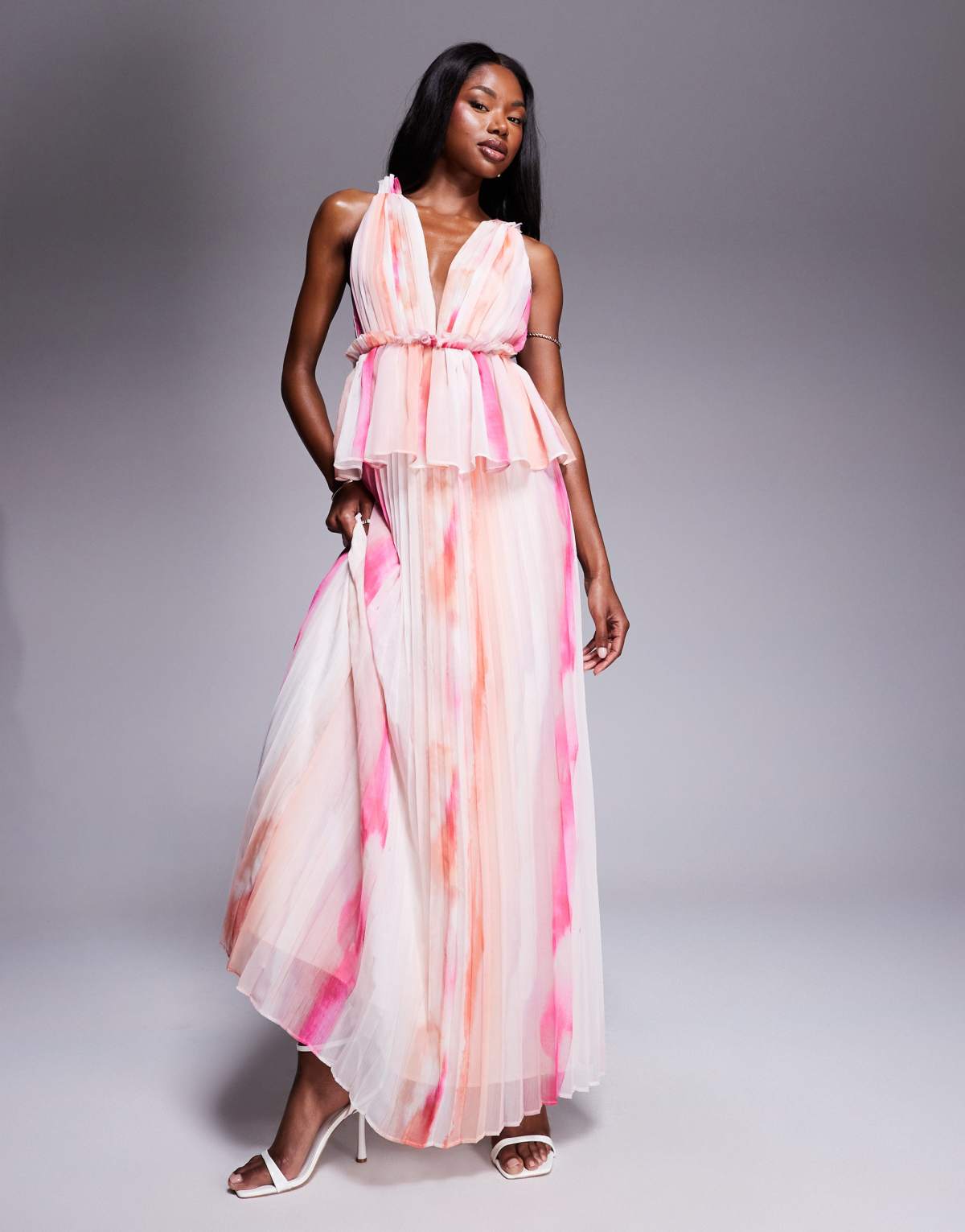 ASOS DESIGN pleated plunge midi dress with peplum in blurred stripe print