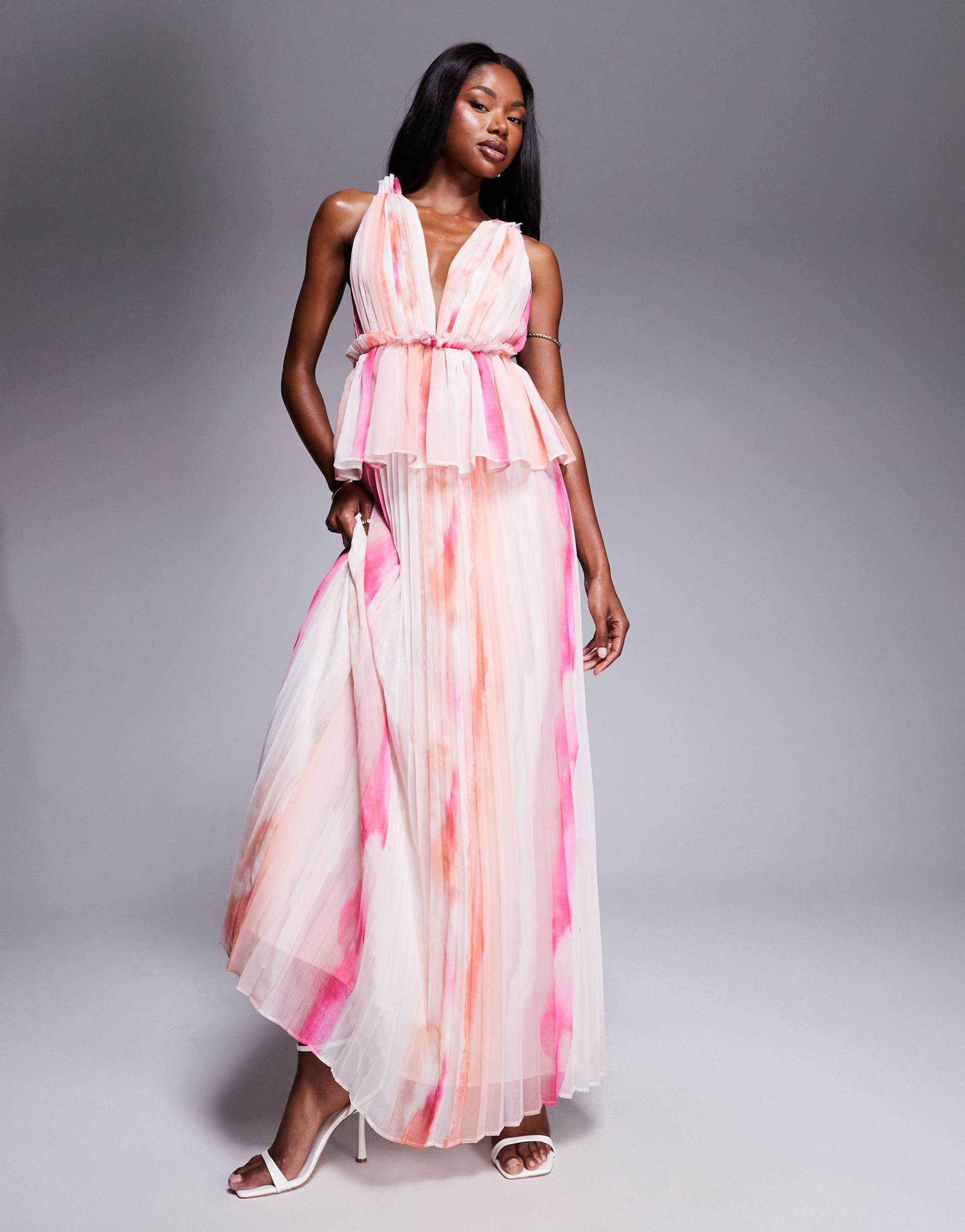 asos design pleated plunge midi dress with peplum in blurred stripe print