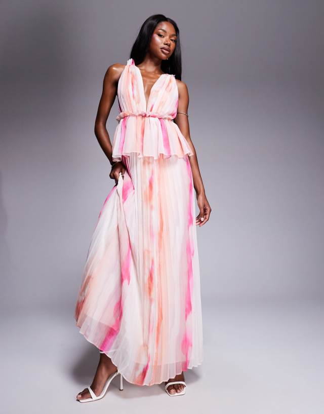 designer pleated dress ASOS DESIGN plunge midi with peplum in blurred stripe print exclude:COBBLESTONE Variant:XLarge A-line Tea-Length Mother of Adora design and visual depth