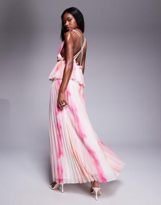 Asos Design Pleated Plunge Midi Dress With Peplum In Pink