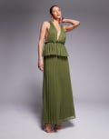[ASOS DESIGN] ASOS DESIGN pleated plunge midi dress with peplum in dark khaki-Green 18 Dark khaki