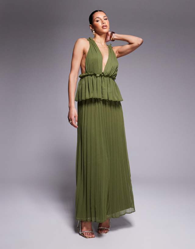 ASOS DESIGN pleated plunge midi dress with peplum in dark khaki