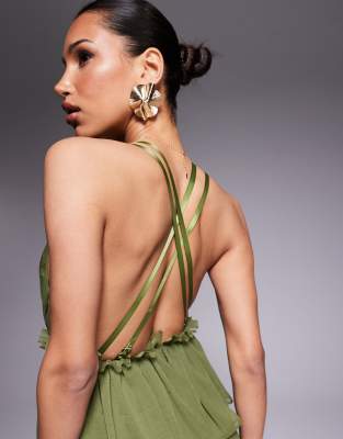 Asos Design Pleated Plunge Midi Dress With Peplum In Green