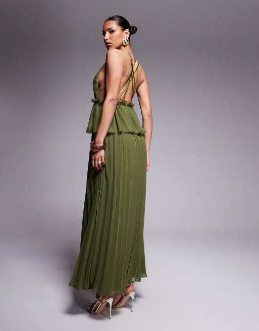 ASOS DESIGN pleated plunge midi dress with peplum in dark khaki