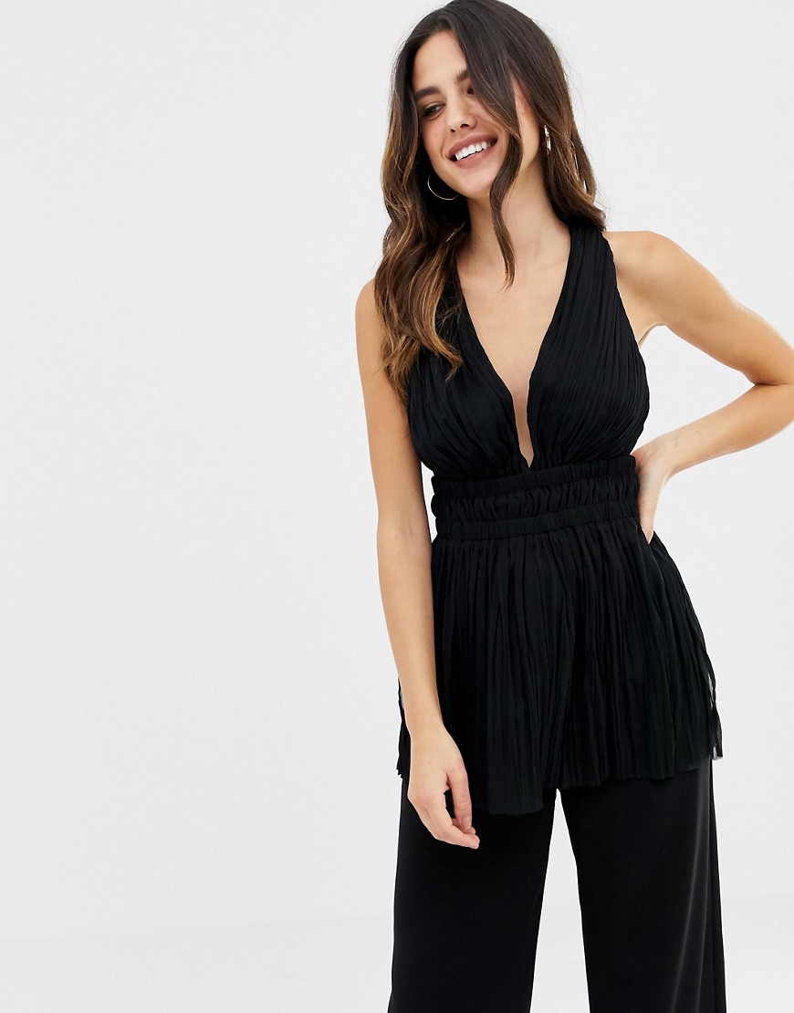 ASOS DESIGN pleated plunge top with cross back-Black