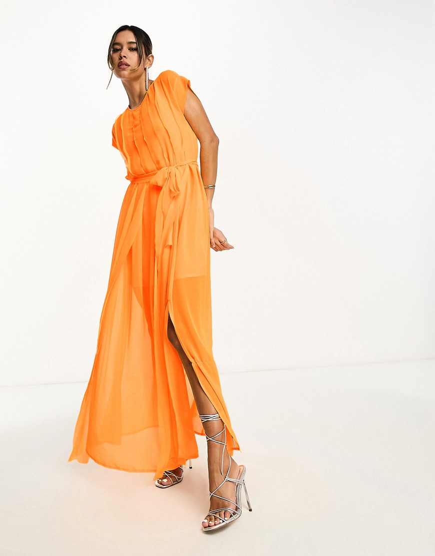 Shop Asos Design Pleated Raw Edge Maxi Dress In Neon Orange