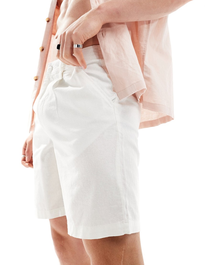 ASOS DESIGN pleated regular length linen shorts with fixed waist in white