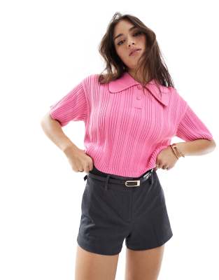 ASOS DESIGN pleated rib knit polo top in pink | ASOS
