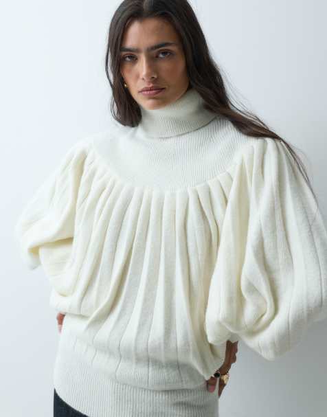ASOS DESIGN pleated roll neck jumper in cream - view 1