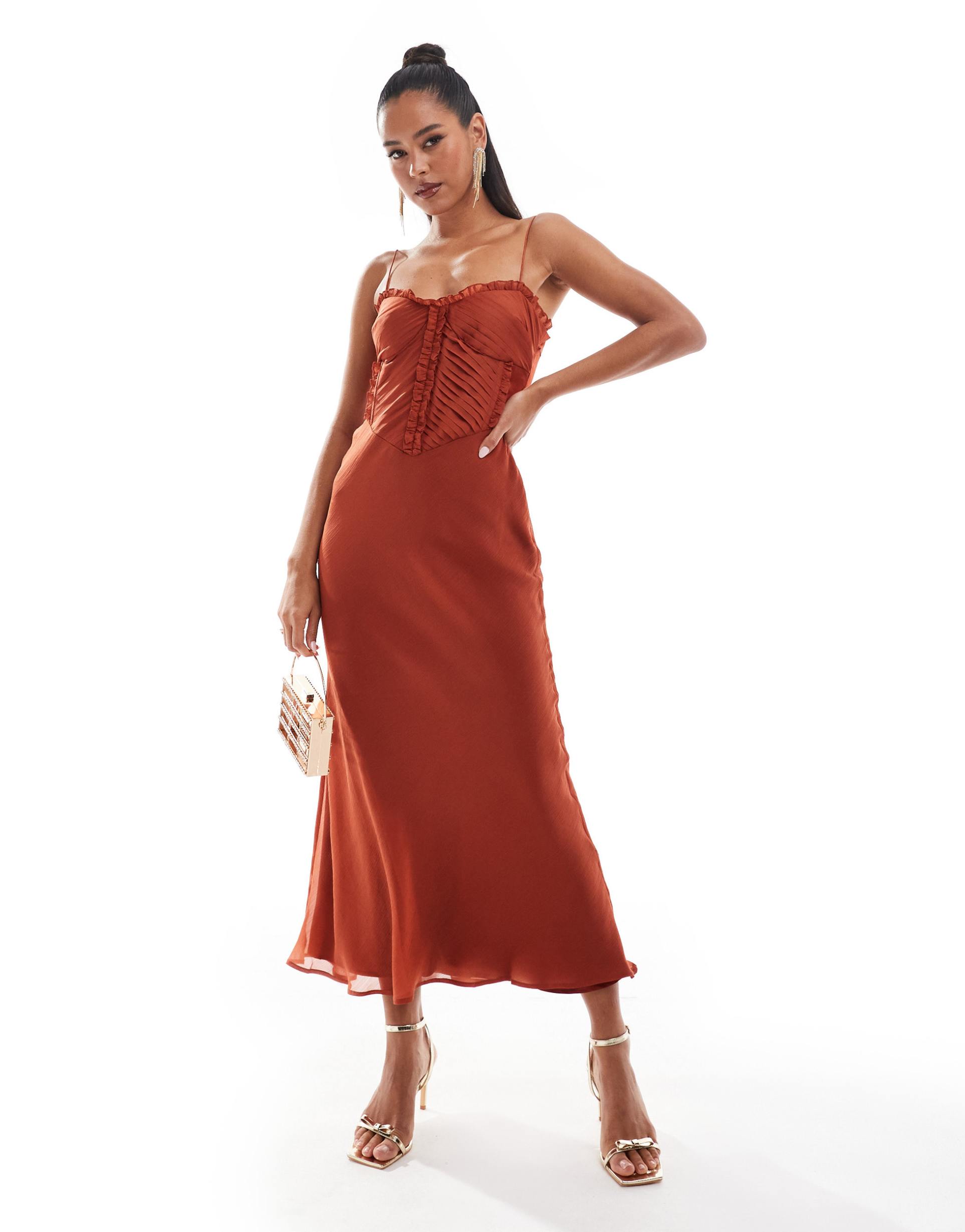 asos design pleated ruffle bias cut midaxi dress with lace up back in rust