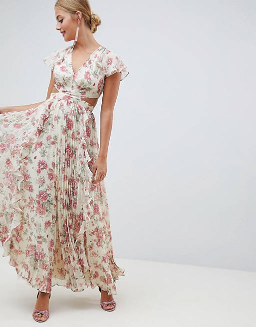ASOS DESIGN pleated ruffle maxi dress with cut out in floral print
