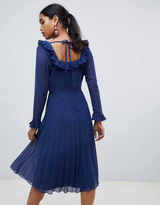 ASOS DESIGN pleated ruffle square neck midi dress with long sleeves | ASOS