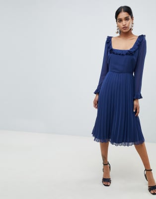 square neck long sleeve midi dress