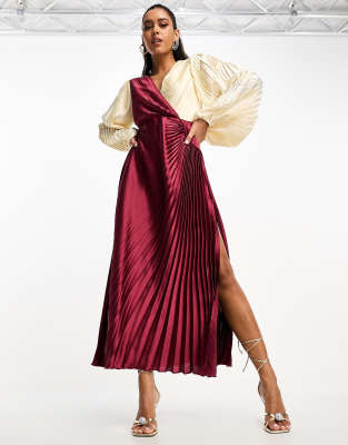 Asos Design Pleated Satin Wrap Button Detail Midi Dress In Berry And Cream Colourblock-Red