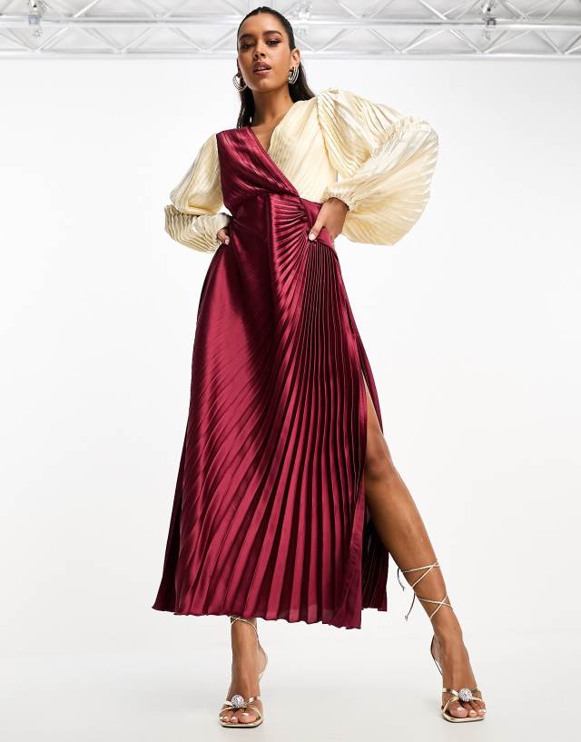 ASOS DESIGN - pleated satin wrap button detail midi dress in berry and cream colourblock