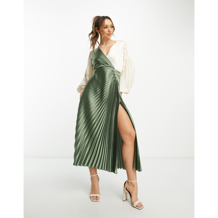 ASOS DESIGN pleated satin wrap button detail midi dress in khaki and cream colourblock