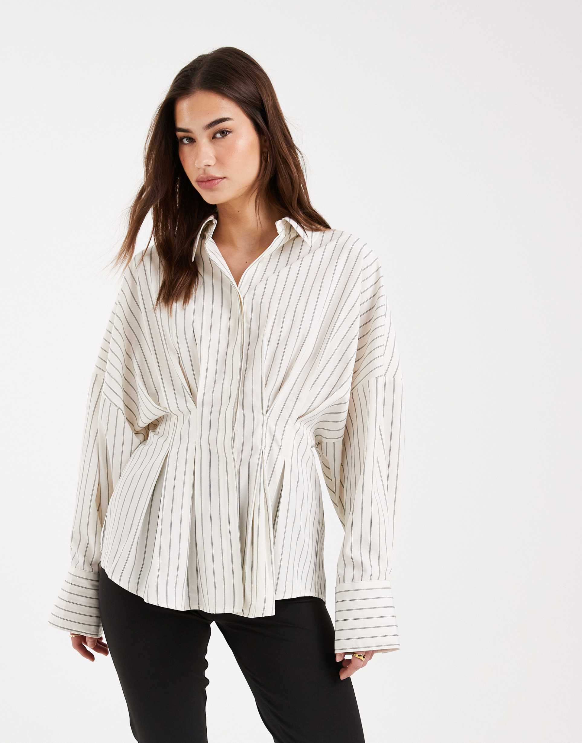 asos design pleated shirt in white pinstripe
