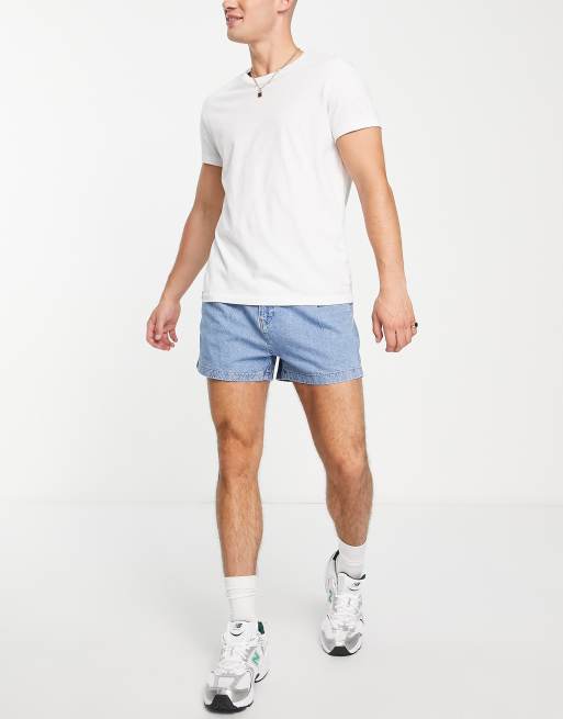 ASOS DESIGN pleated shorter length denim shorts in light wash blue, 4 of 4