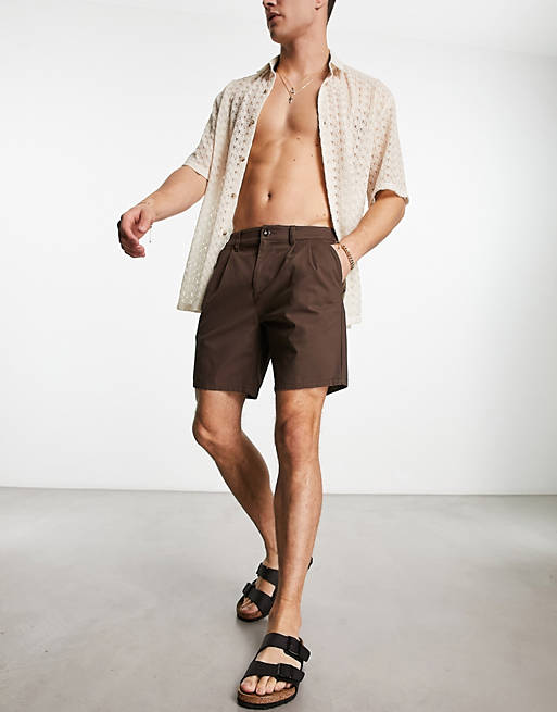 ASOS DESIGN pleated shorts in mid length in brown | ASOS