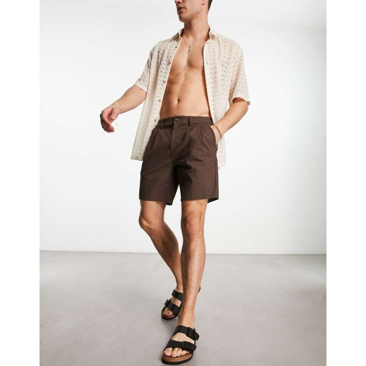 Long Chocolate Brown Pleated Shorts