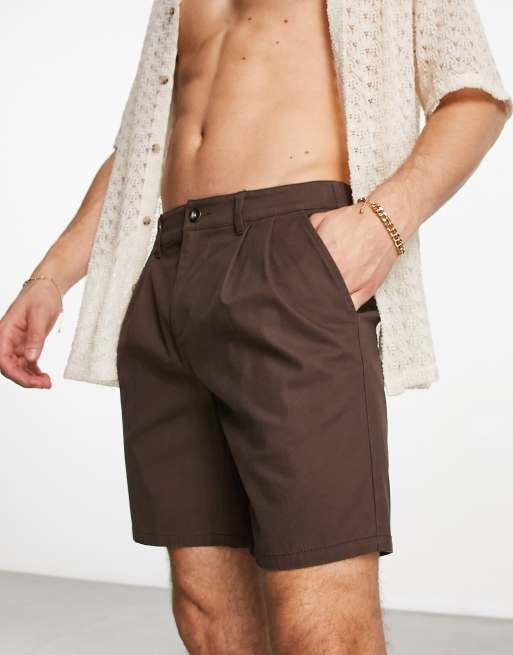 Long Chocolate Brown Pleated Shorts