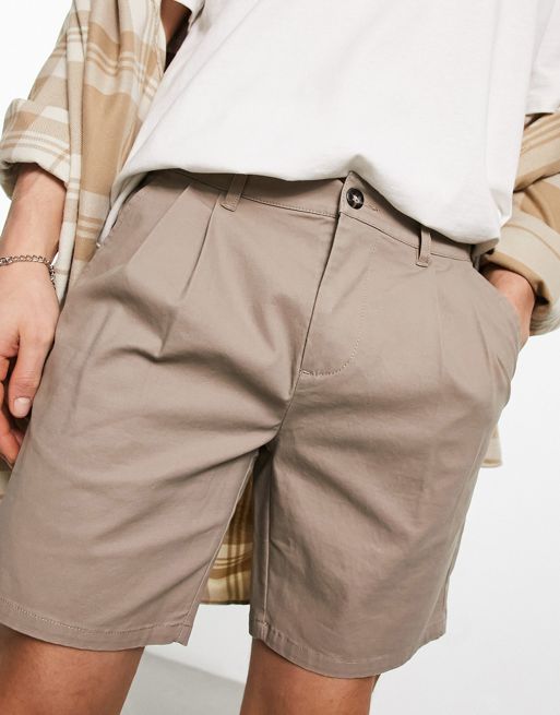 ASOS DESIGN pleated chino shorts in mid length in khaki