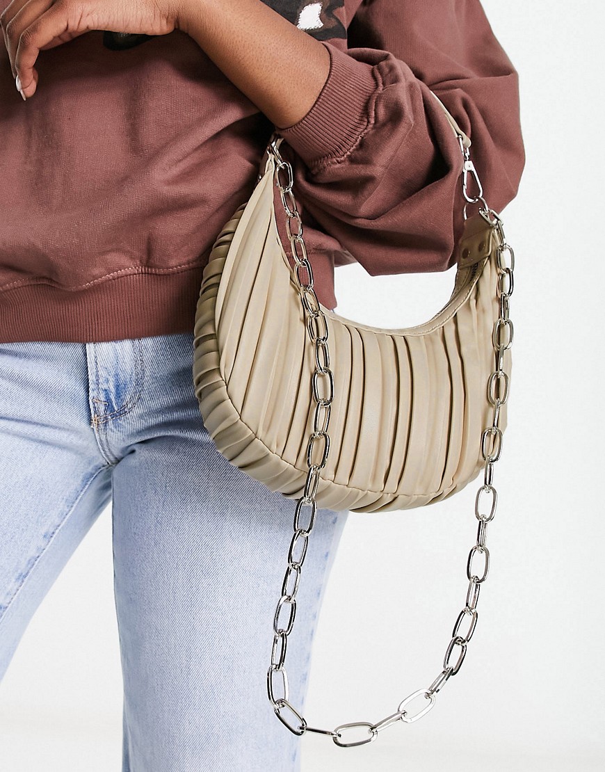 ASOS DESIGN pleated shoulder bag with chain detailing in stone-Brown